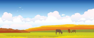 Vektör sonbahar manzara - inek, orman, çayır.