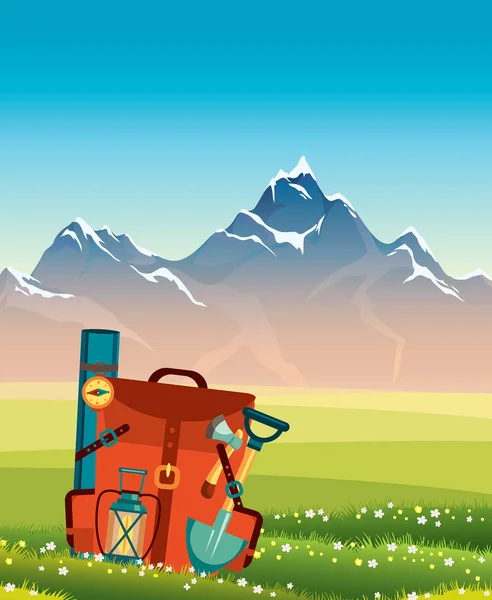 Мероприятия на свежем воздухе. Летний пейзаж - рюкзак, трава, горы — стоковый вектор