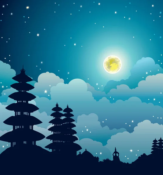ภูมิทัศน์กลางคืน พระจันทร์เต็มดวง และวัดบาหลี . — ภาพเวกเตอร์สต็อก