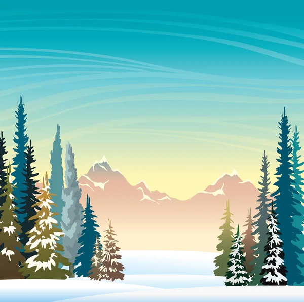 Paisaje invernal - bosque nevado y montañas . — Vector de stock