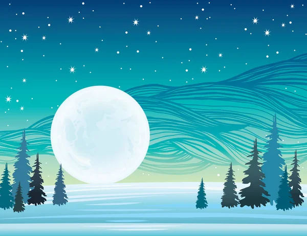 Paisaje invernal - luna llena, bosque y cielo estrellado . — Archivo Imágenes Vectoriales