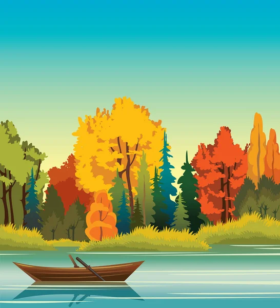 Herfst landschap met boot, meer en bos. — Stockvector