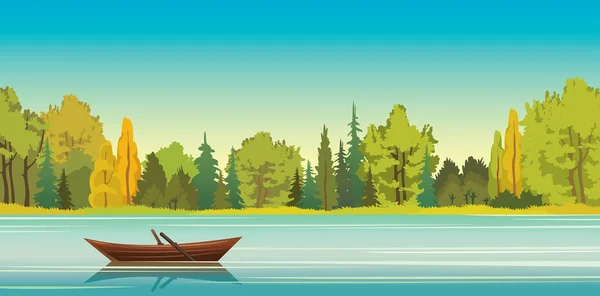 Autumn landscape - boat, lake, forest. — Stock Vector