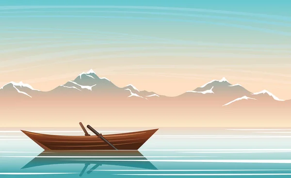 Літній пейзаж - човен, озеро і гори. Схід сонця небо . — стоковий вектор