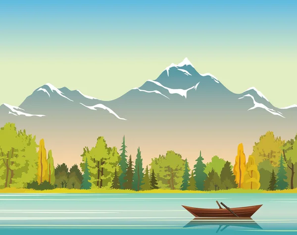 Paisagem de outono - barco, lago, floresta e montanhas. Natureza selvagem —  Vetores de Stock