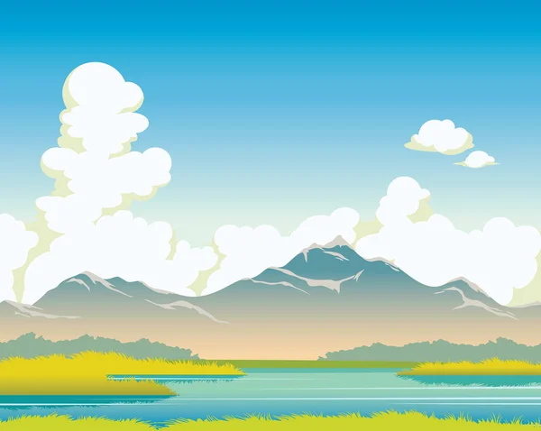Mountains, lake, grass, clouds. Summer nature. — Stock Vector