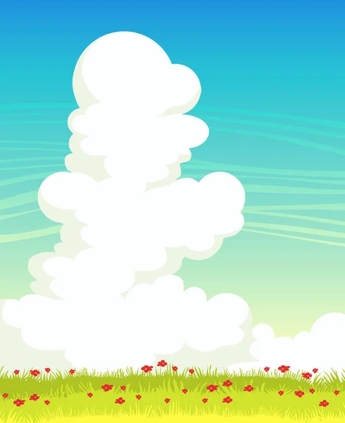 Σύννεφα, γρασίδι, λουλούδια και γαλάζιο ουρανό. Ανοιξιάτικο τοπίο. — Διανυσματικό Αρχείο