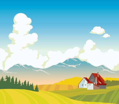 Dağlar, house, alan, bulutlar, orman. Manzara.