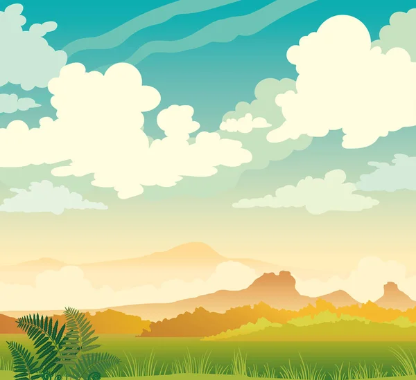Clouds, mountains, grass, fern, blue sky. Spring landscape. — Stock Vector