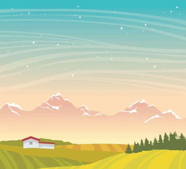 Summer night landscape - mountains, meadow, house. — Stock Vector