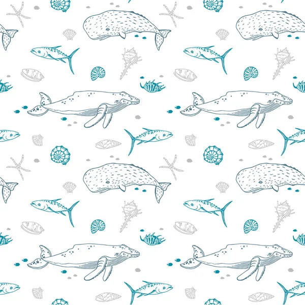 Seamless pattern with whale, fish and sea shell. — Stock Vector