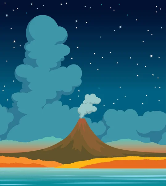 火山、湖、森、雲、夜の空。秋の風景. — ストックベクタ