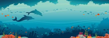 Dolphins, coral reef, fish and underwater sea. clipart