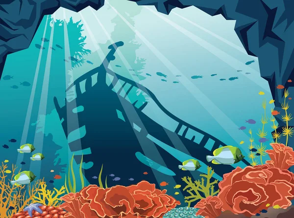 Sualtı deniz, batık gemi, mercan, Balık.