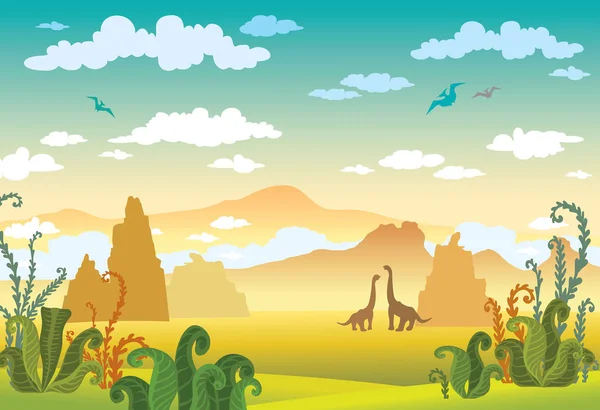 Paisaje prehistórico dinosaurios, montañas, plantas . — Vector de stock