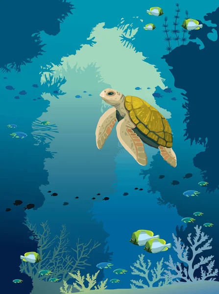 Unterwasserhöhle, Schildkröte, Korallenriff, Fische und Meer. — Stockvektor