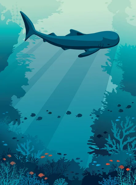 Podvodní sea - žralok velrybí, korálových útesů a ryby. — Stockový vektor