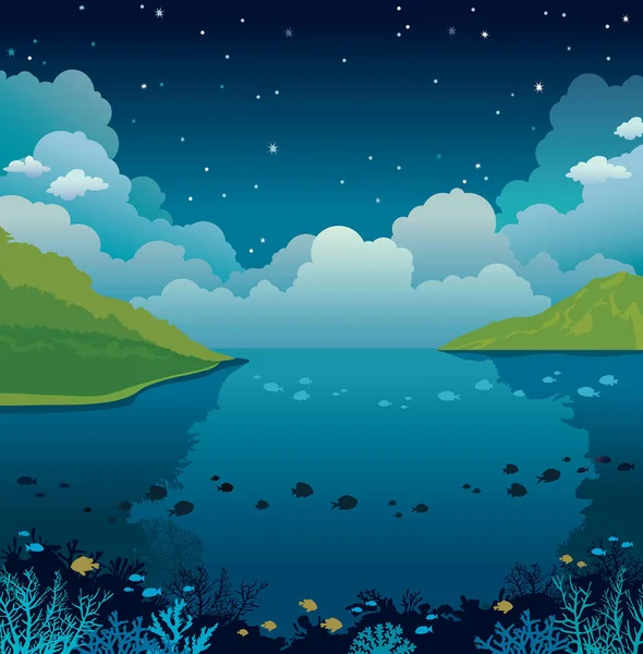 Ciel nocturne, mer sous-marine, îles et récif corallien . — Image vectorielle