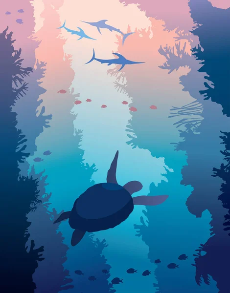 Onderwater zee - koraalrif, schildpad, zwaardvis. — Stockvector