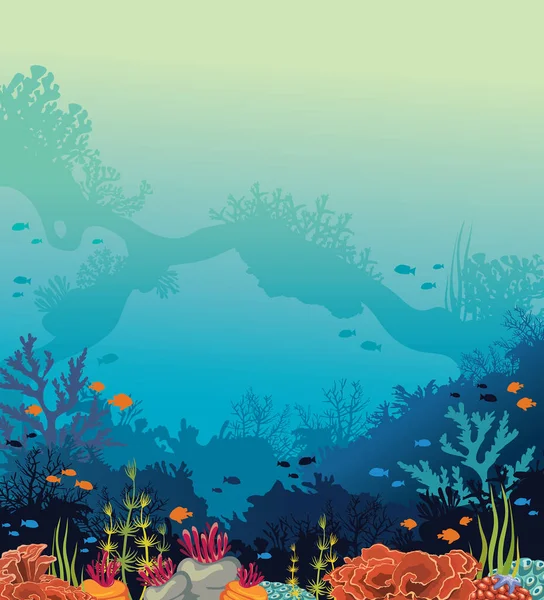Víz alatti tenger - coral reef, arch, halak. — Stock Vector