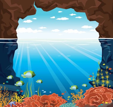 Sualtı deniz, mağara, balık, gökyüzü, bulut.