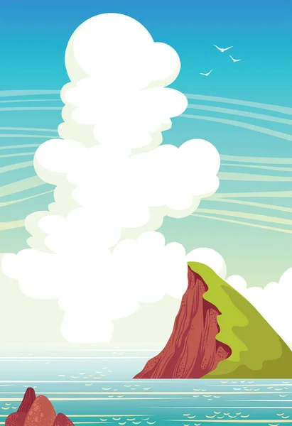 夏日风景-悬崖、 大海、 天空、 云. — 图库矢量图片