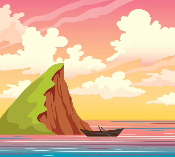Island, boat, sea, sky, clouds. Sunset landscape. — Stock Vector
