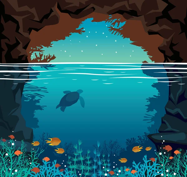 Unterwasserkorallenriff, Fische, Meer, Nachthimmel, Höhle und Schildkröte. — Stockvektor