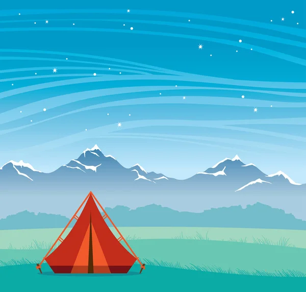 Tienda de viaje, montañas y cielo nocturno. Naturaleza de verano . — Vector de stock