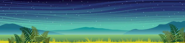 Summer night landscape - mountains, fern, grass. — Stock Vector