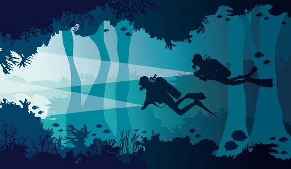 Immersioni subacquee, lanterna, barriera corallina, grotta sottomarina e mare . — Vettoriale Stock