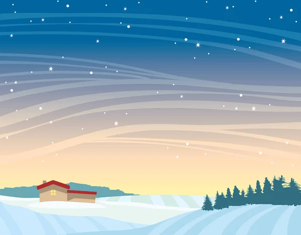 Paesaggio notturno invernale - casa, foresta, cumuli di neve . — Vettoriale Stock