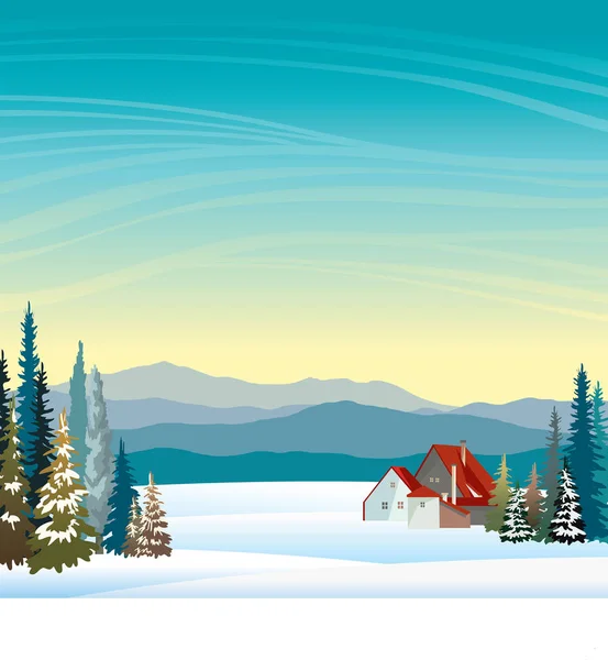 Paisaje invernal - montañas, casa y bosque — Vector de stock
