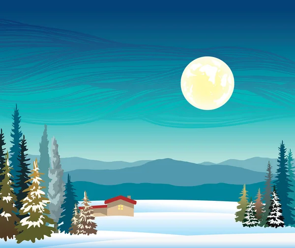 Paesaggio notturno invernale - montagne, casa, foresta e luna piena . — Vettoriale Stock