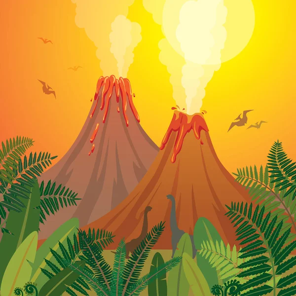 Prehistoric nature landscape - volcanoes, dinosaurs, fern. — Stock Vector