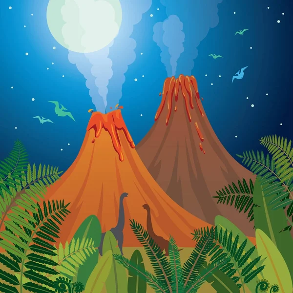 Paesaggio naturale preistorico - vulcani, dinosauri, felci . — Vettoriale Stock