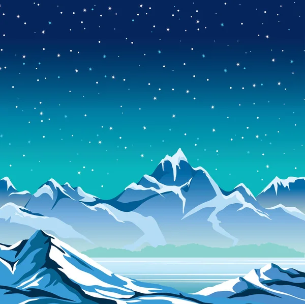 冬の自然の風景 - 山、湖、夜の空. — ストックベクタ