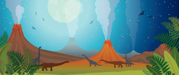 Naturaleza prehistórica: volcán, dinosaurio, helecho y noche . — Vector de stock