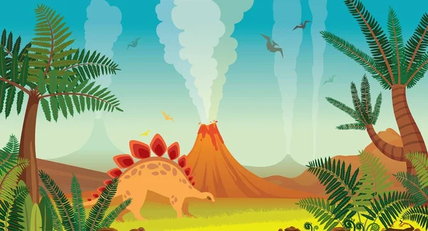 Prehistorische natuur landschap - vulkanen, dinosaurussen, planten. — Stockvector