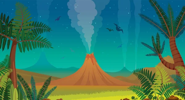Prehistoric nature - volcano, pterodactyl, fern and night sky. — Stock Vector