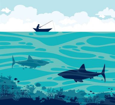 Fener ve bir denizde köpekbalıkları. 