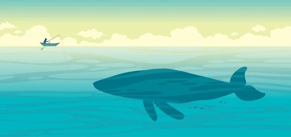 낚시꾼과 바다에 큰 고래의 실루엣. — 스톡 벡터