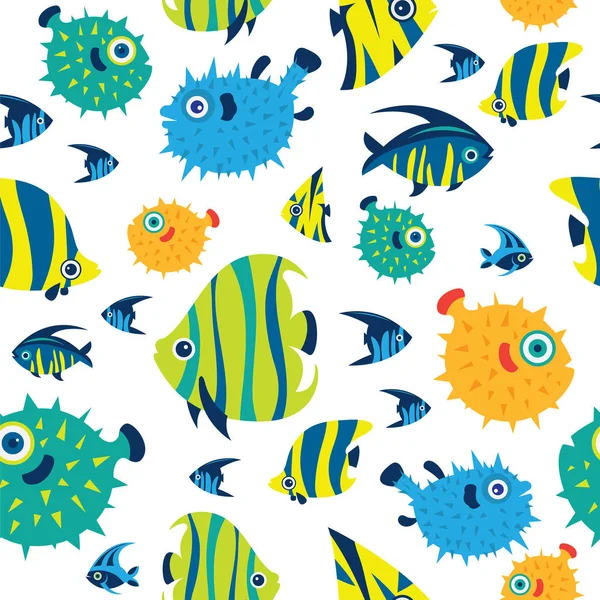 Seamless pattern with cartoon reef fish. — Stock Vector