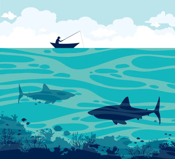 钓鱼和鲨鱼在海. — 图库矢量图片