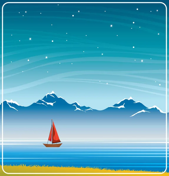 Barca a vela, montagna, lago e cielo notturno . — Vettoriale Stock