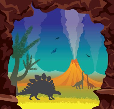 Tarih öncesi yatay, dinozorlar, volkan, mağara ve gece sk