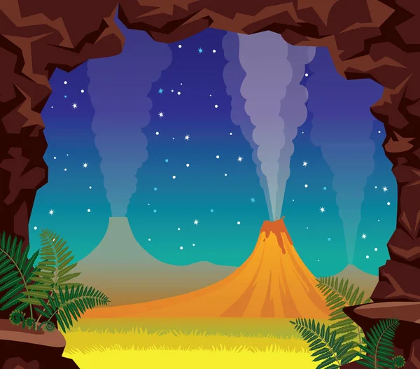 Pemandangan malam musim panas Gunung berapi, gua, pakis. Alam prasejarah - Stok Vektor