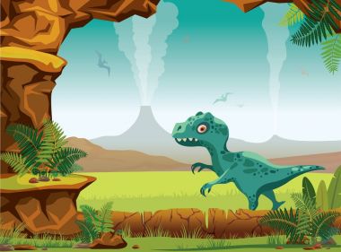 Tarih öncesi yatay - mağara, volkan, dinozorlar, Tyrannosaur'u.