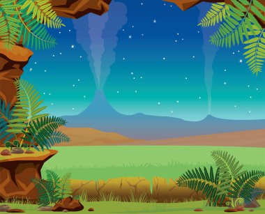 Yaz gece manzarası - mağara, volkan, fern. Tarih öncesi doğa