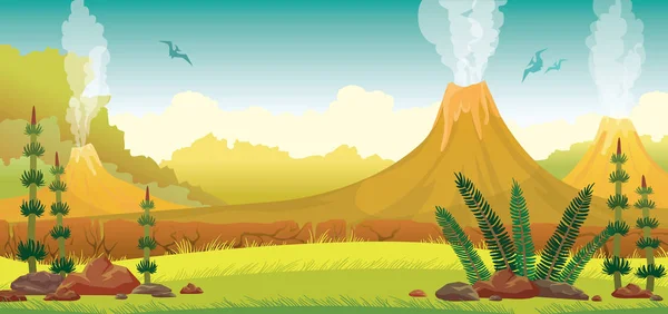 Prehistorische landschap - vulkaan, pterodactyls, gras — Stockvector